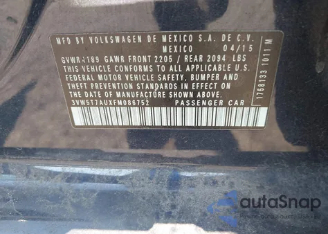 2015 Volkswagen Golf Gti 2.0T S 4-Door z USA, uszkodzony, nr VIN 3VW5T7AUXFM086752